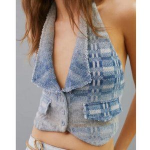 Anthropologie Pilcro S NWT Heritage Sweater Vest Top Blue Plaid Knit Size Small